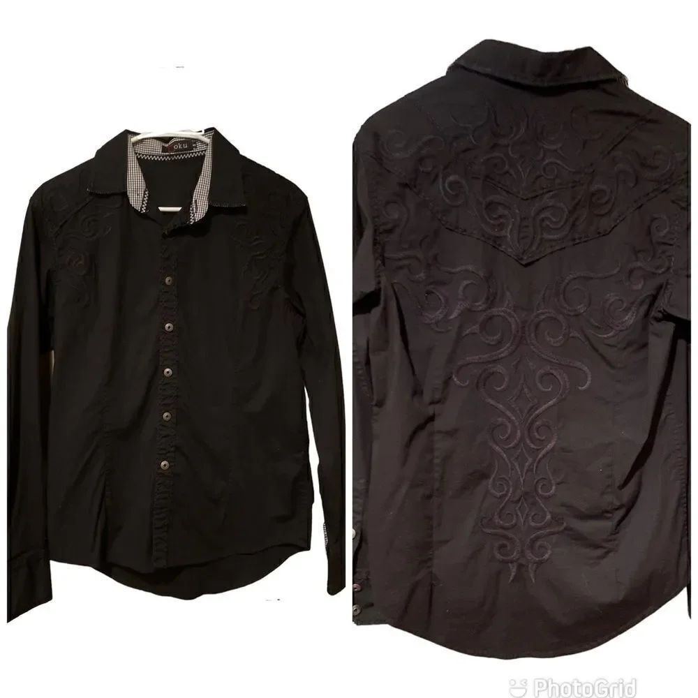 Toku Black Embroidered Long Sleeve Button Up Shirt Size Small